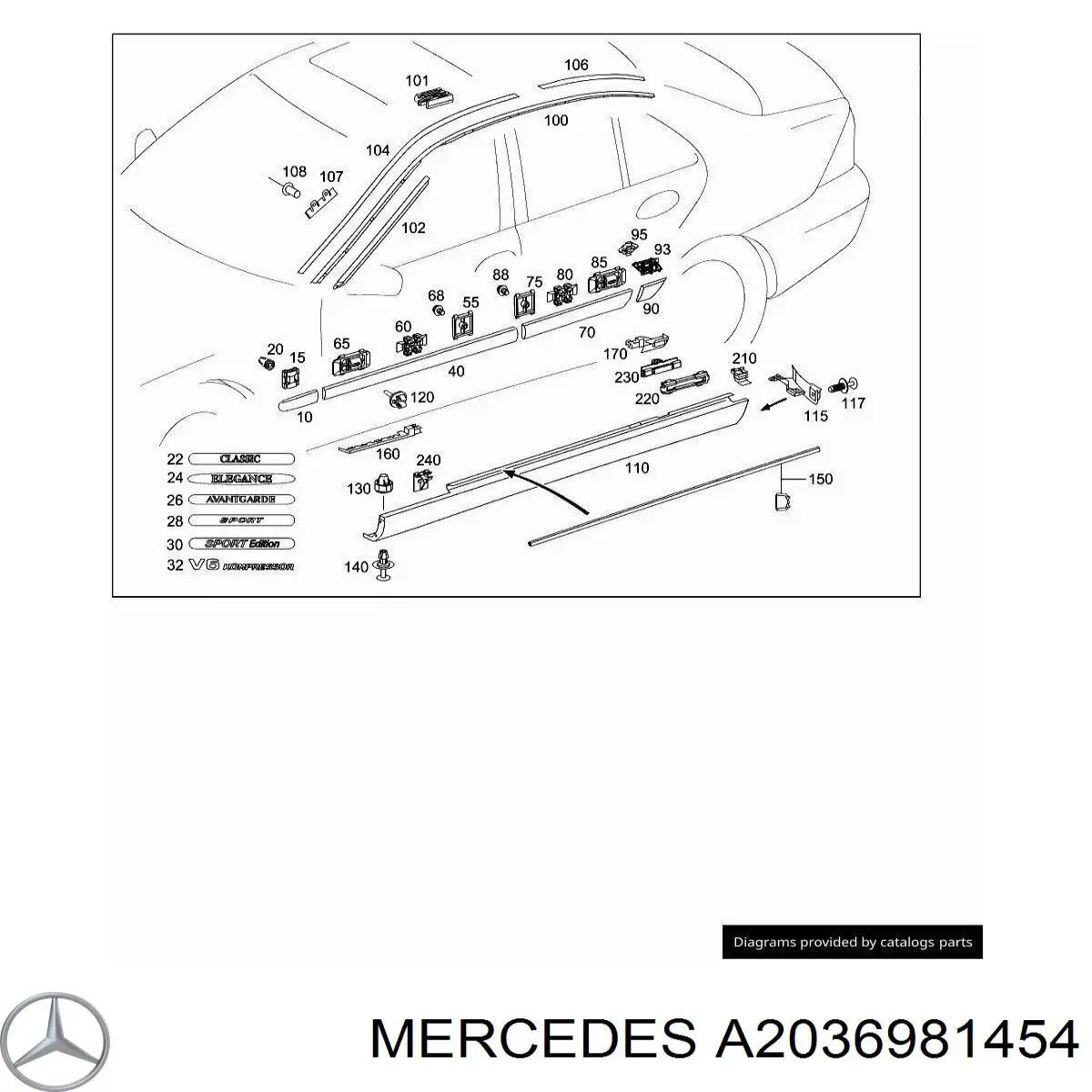 Moldura exterior derecha del umbral Mercedes A2036981454 precio, desde 271,45 EUR