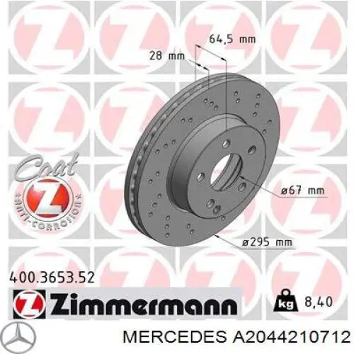 Comprar A2044210712 Mercedes Freno de disco delantero