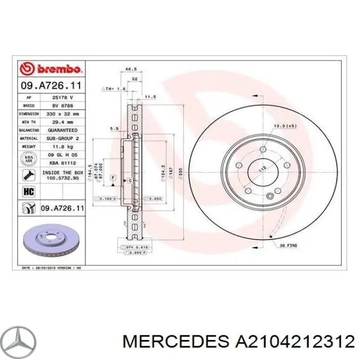 A2104212312 Mercedes freno de disco delantero