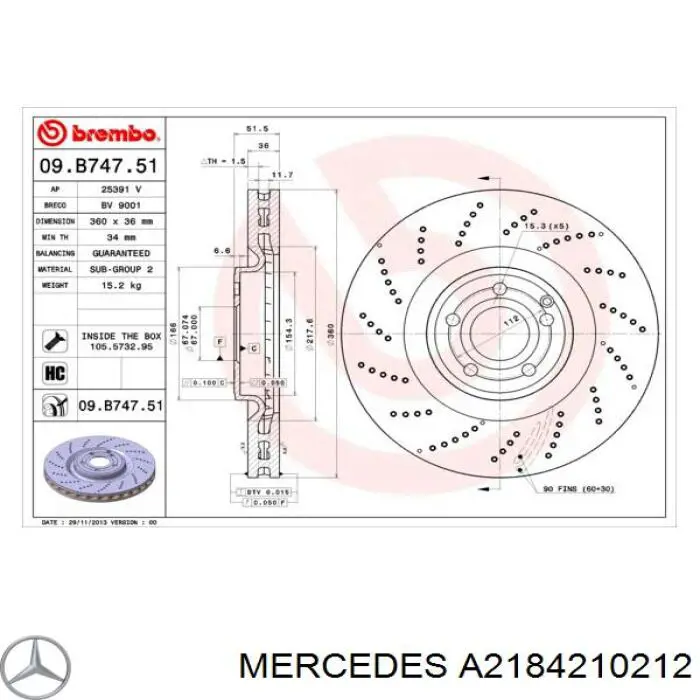 Comprar A2184210212 Mercedes Freno de disco delantero