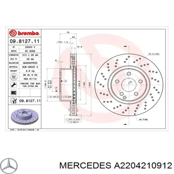 Comprar A2204210912 Mercedes Freno de disco delantero