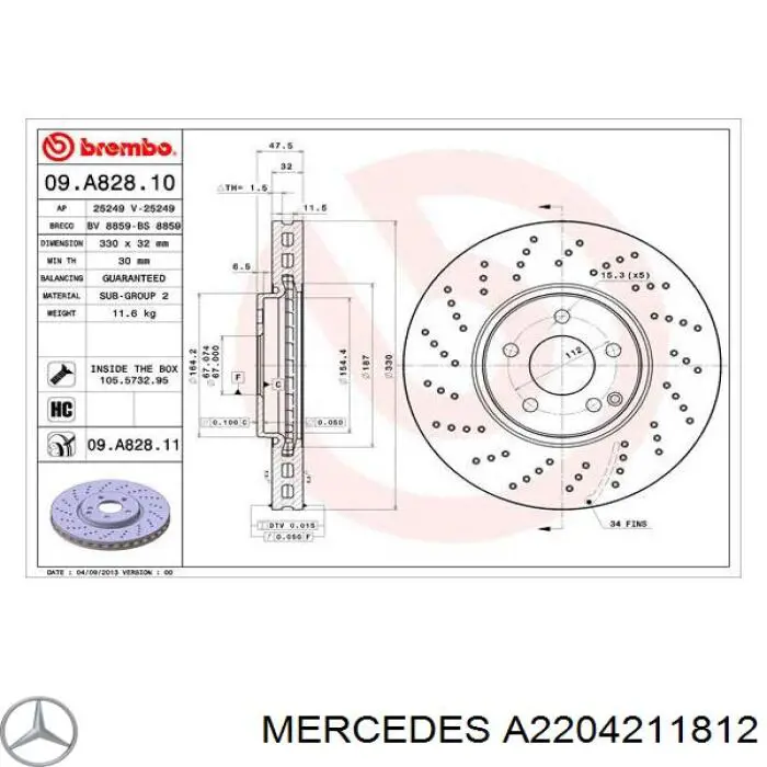 A2204211812 Mercedes disco de freno delantero
