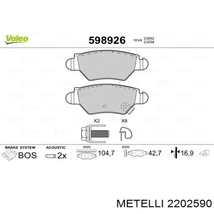 2202590 Metelli Pastillas freno traseras