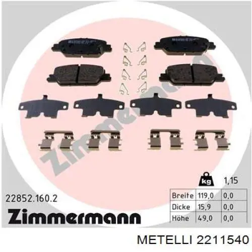 22-1154-0 Metelli pastillas de freno traseras