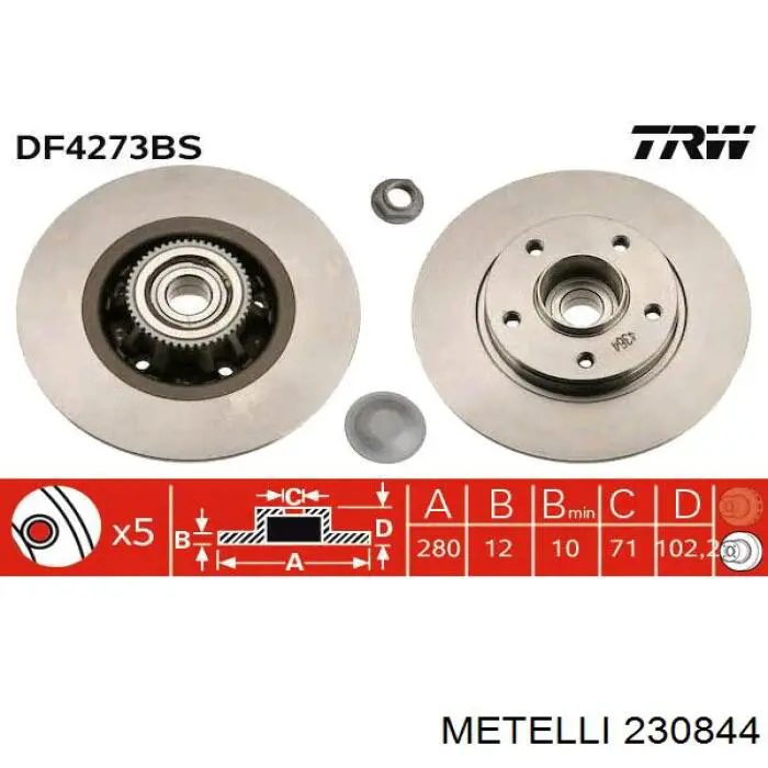 Disco de freno trasero 230844 Metelli