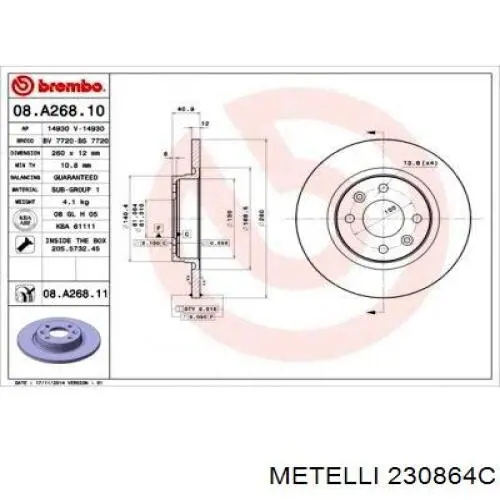 Disco de freno 230864C Metelli