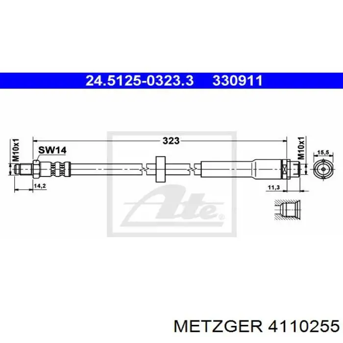 4110255 Metzger tubo flexible de frenos trasero