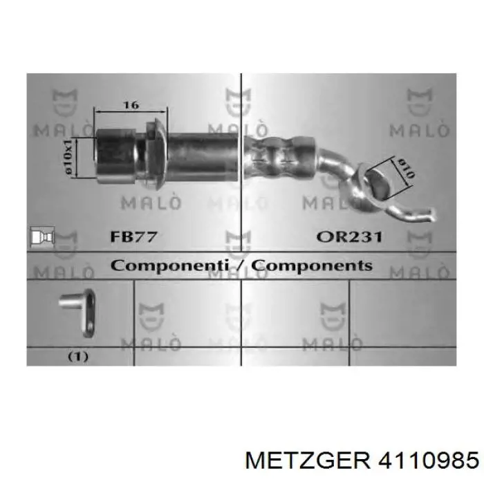 4110985 Metzger tubo flexible de frenos trasero derecho