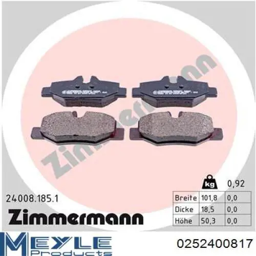 Pastillas de freno traseras 0252400817 Meyle