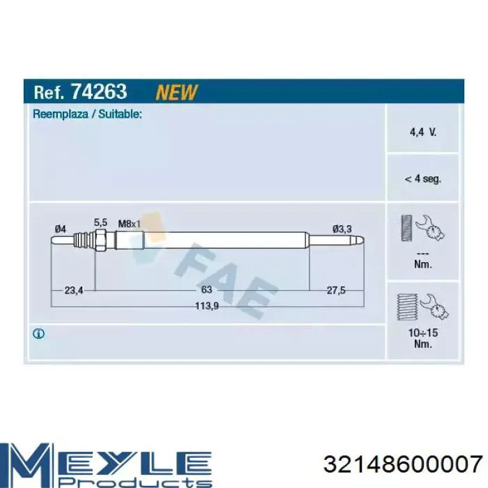 Bujía de precalentamiento 32148600007 Meyle