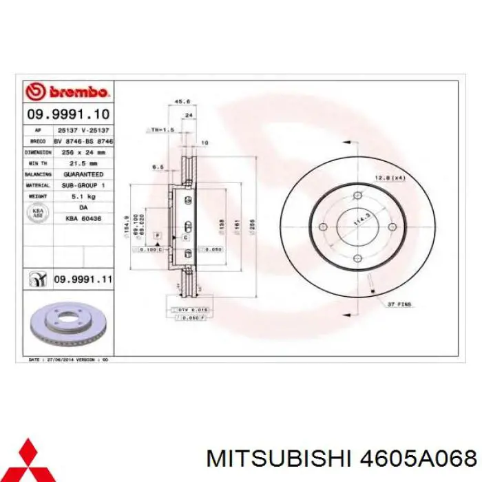 Disco de freno delantero Mitsubishi 4605A068