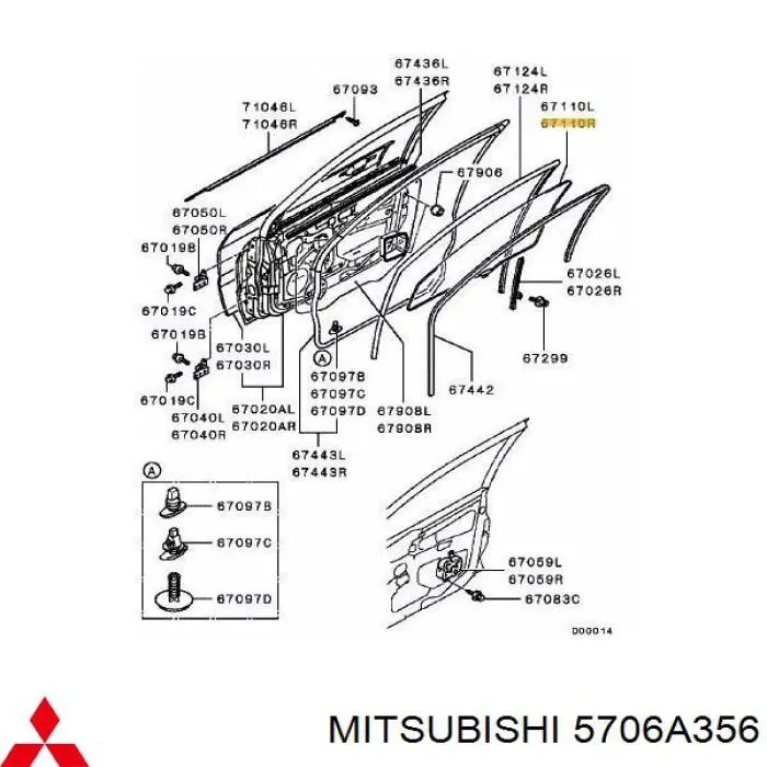 5706A580 Mitsubishi luna de puerta delantera derecha