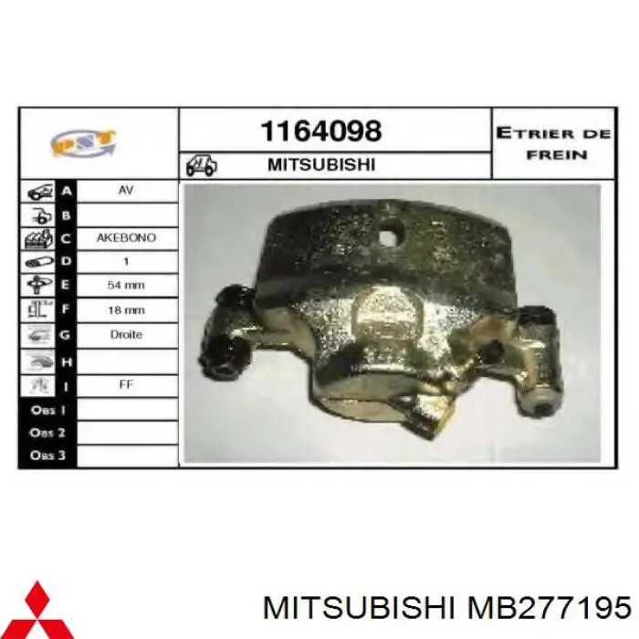 MB277195 Mitsubishi pinza de freno delantera derecha