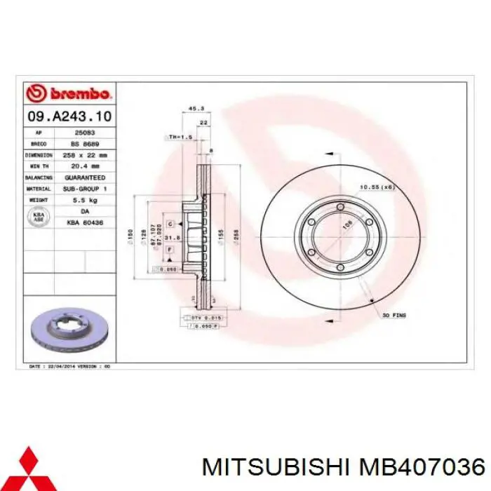 MB407036 Mitsubishi disco de freno delantero