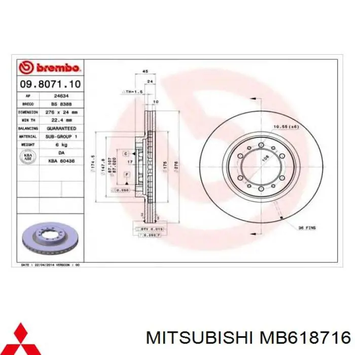 Disco de freno MB618716 Mitsubishi
