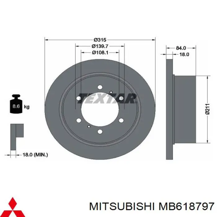 Disco de freno trasero MB618797 Mitsubishi