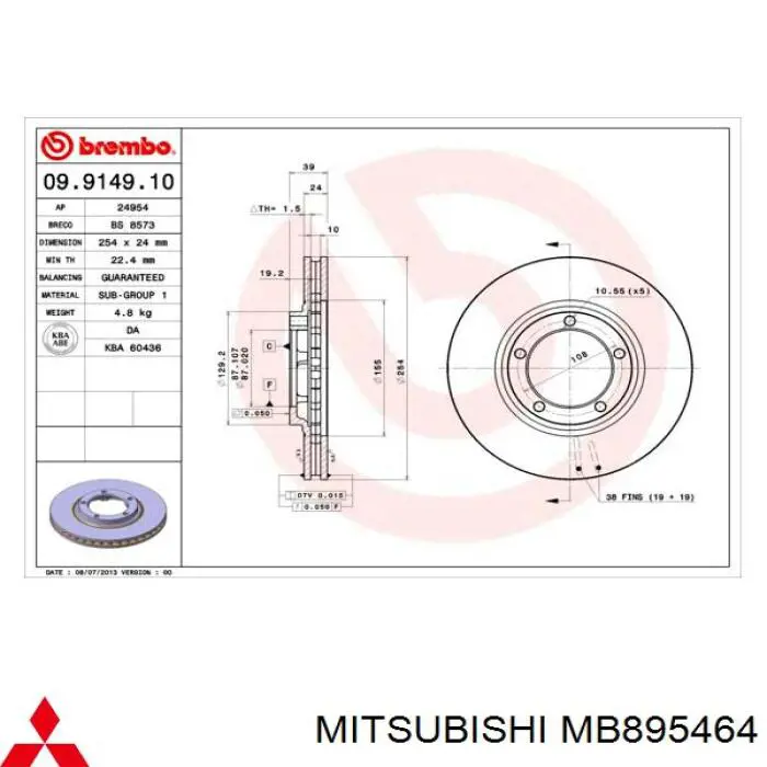 Disco de freno MB895464 Mitsubishi