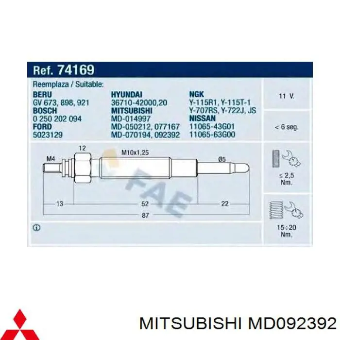 MD092392 Mitsubishi bujía de precalentamiento