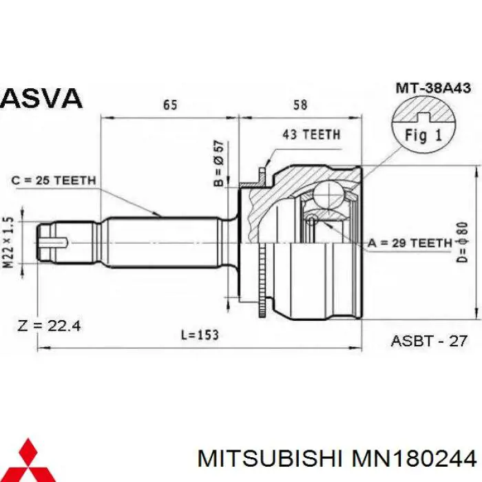 MN180244 Mitsubishi árbol de transmisión delantero derecho