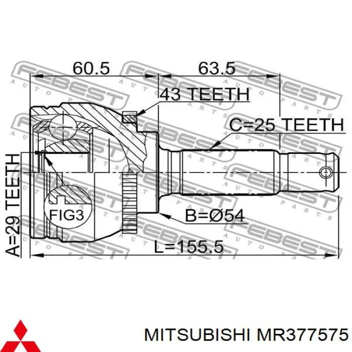 MR377575 Mitsubishi árbol de transmisión delantero izquierdo