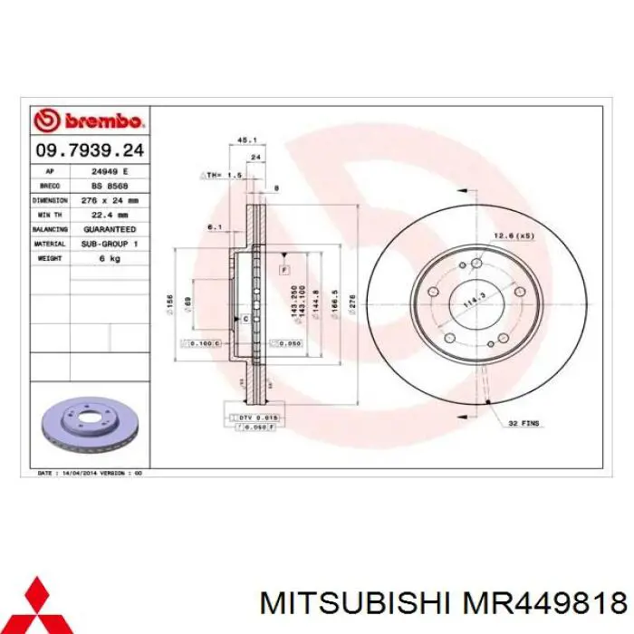 Frenos delanteros Mitsubishi MR449818 precio, desde 45,16 EUR