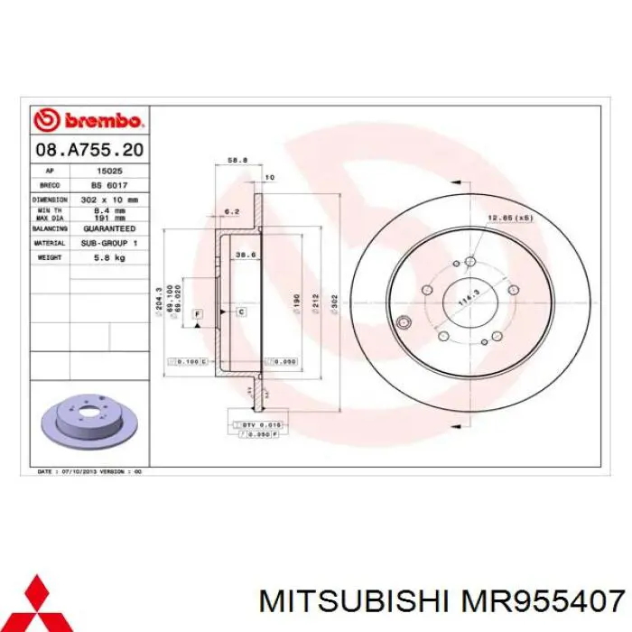 Disco de freno trasero Mitsubishi MR955407 precio, desde 50,29 EUR