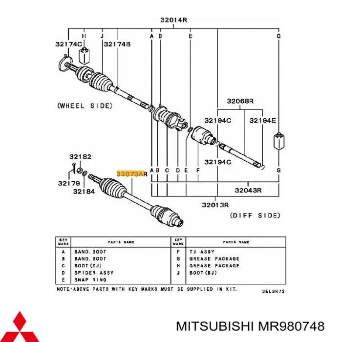 MR980748 Mitsubishi árbol de transmisión trasero derecho