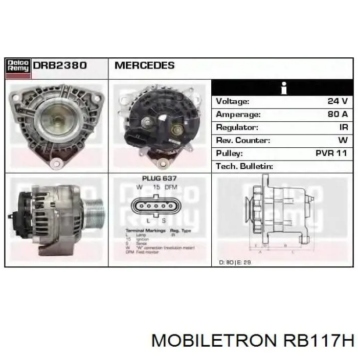 RB117H Mobiletron alternador diodo puente rectificador