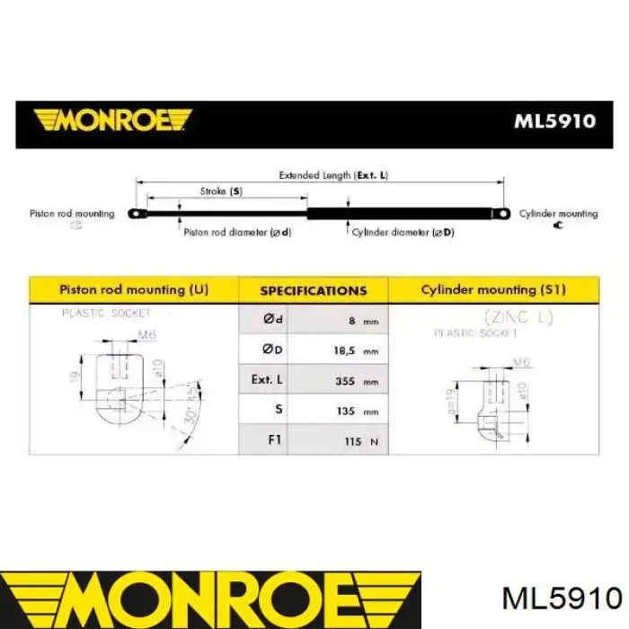 ML5910 Monroe amortiguador para porton trasero (3/5 puertas traseras (lisas)