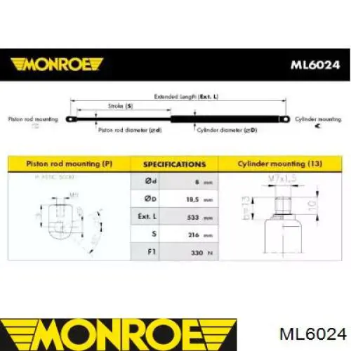 ML6024 Monroe muelle neumático, capó de motor izquierdo