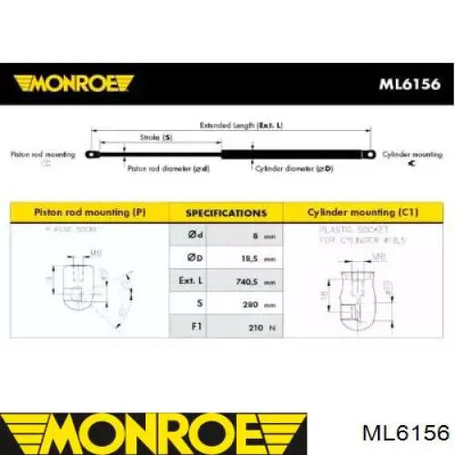 ML6156 Monroe muelle neumático, capó de motor