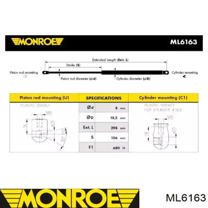 ML6163 Monroe muelle neumático, capó de motor