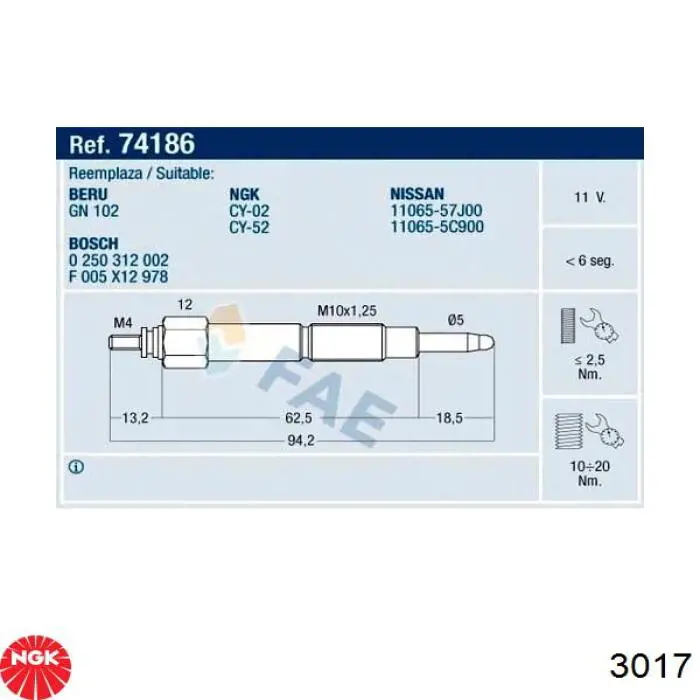 3017 NGK bujía de precalentamiento