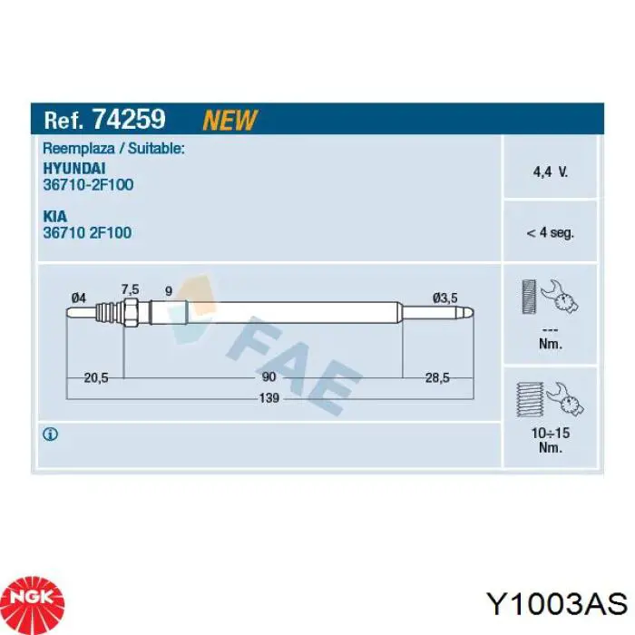 Y1003AS NGK Bujías de calentamiento