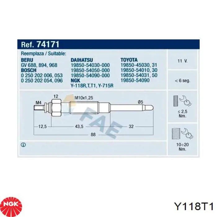 Y-118 T1 NGK bujía de precalentamiento