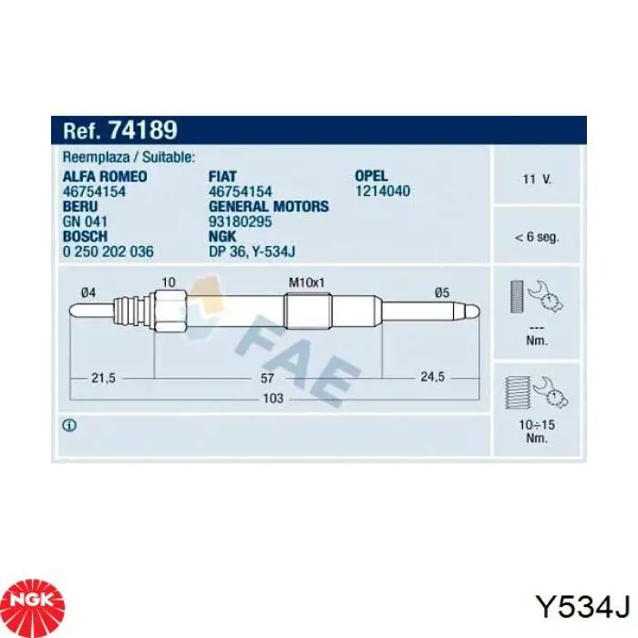 Bujía de incandescencia Fiat Punto 2 188