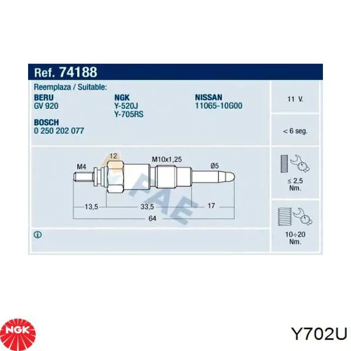 Y702U NGK Bujías de calentamiento