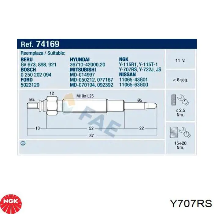 Y707RS NGK Bujías de calentamiento