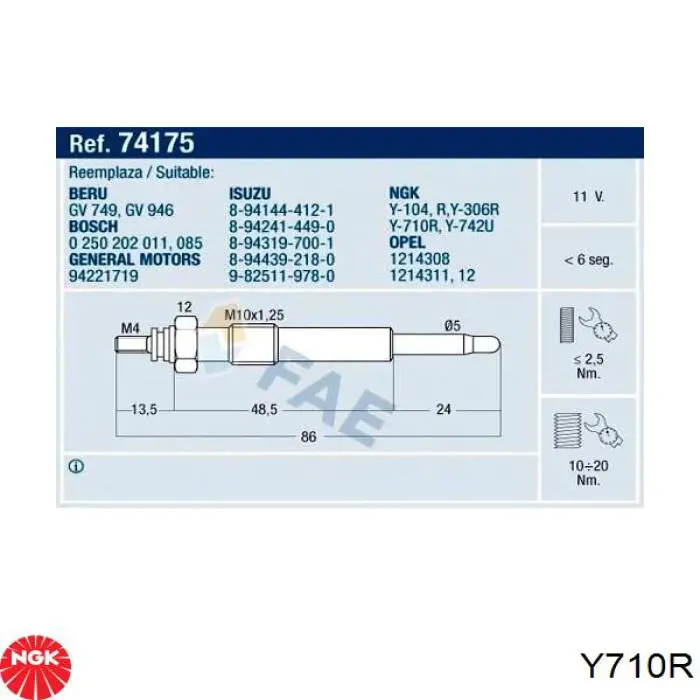 Y710R NGK Bujías de calentamiento
