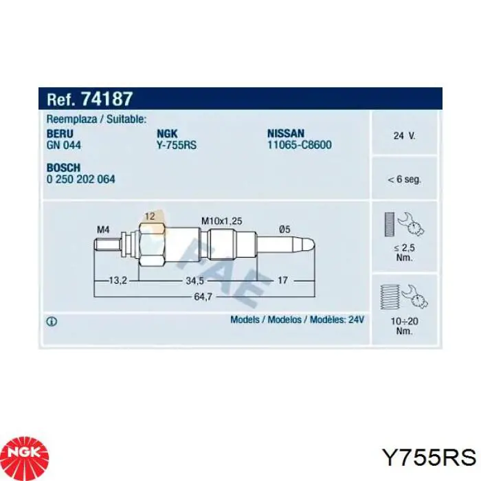 Y-755RS NGK bujía de incandescencia