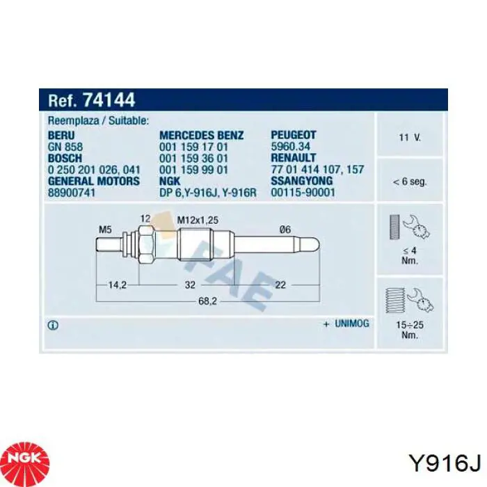 Y916J NGK Bujías de calentamiento