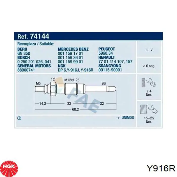 Y916R NGK Bujías de calentamiento