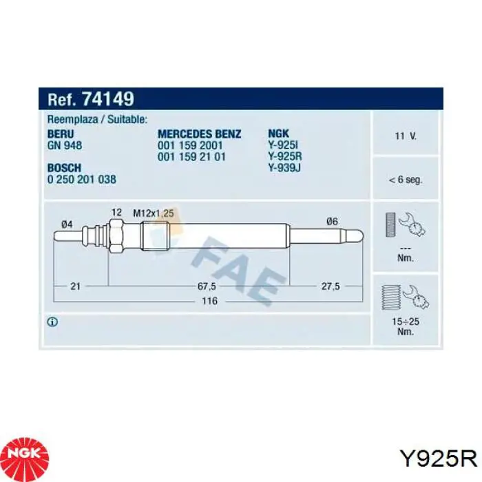 Y925R NGK bujía de incandescencia