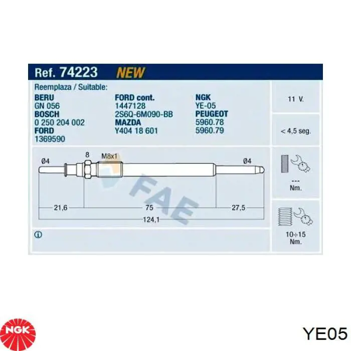 YE05 NGK bujía de incandescencia