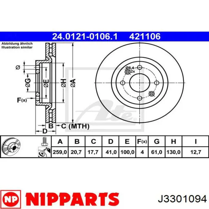 J3301094 Nipparts disco de freno delantero