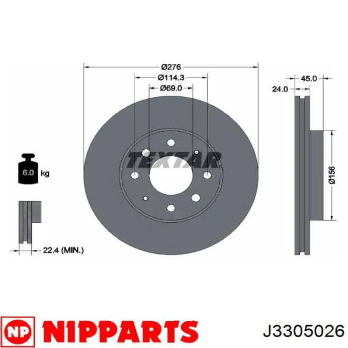 J3305026 Nipparts freno de disco delantero