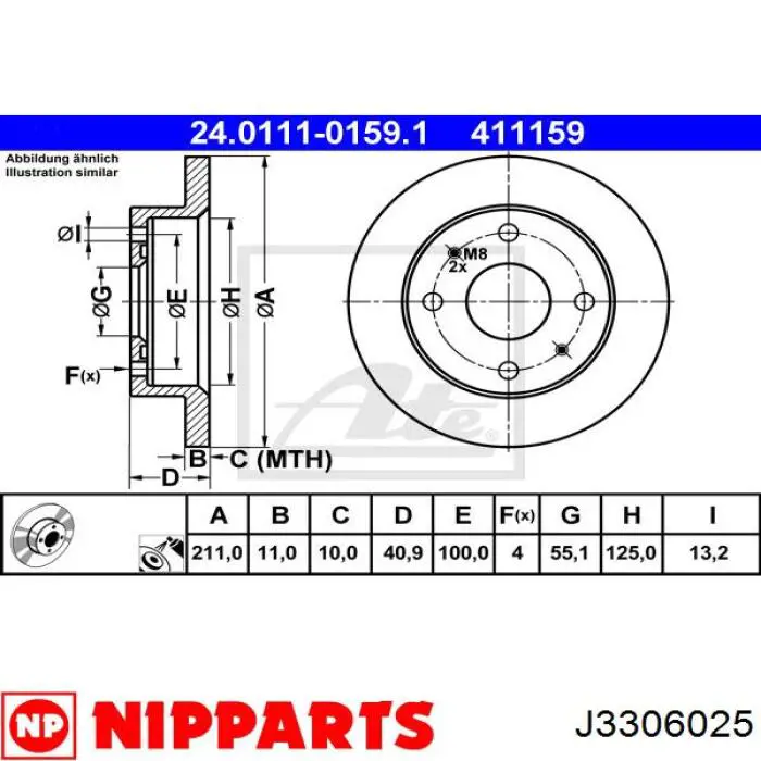 J3306025 Nipparts freno de disco delantero