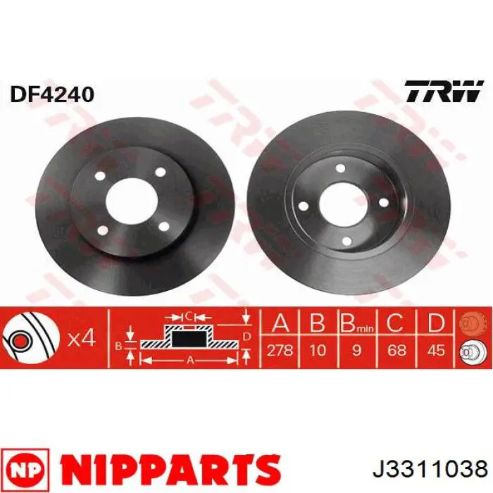 J3311038 Nipparts disco de freno trasero