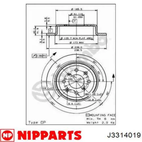 Disco de freno trasero DP409C Japan Parts