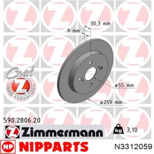 N3312059 Nipparts disco de freno trasero